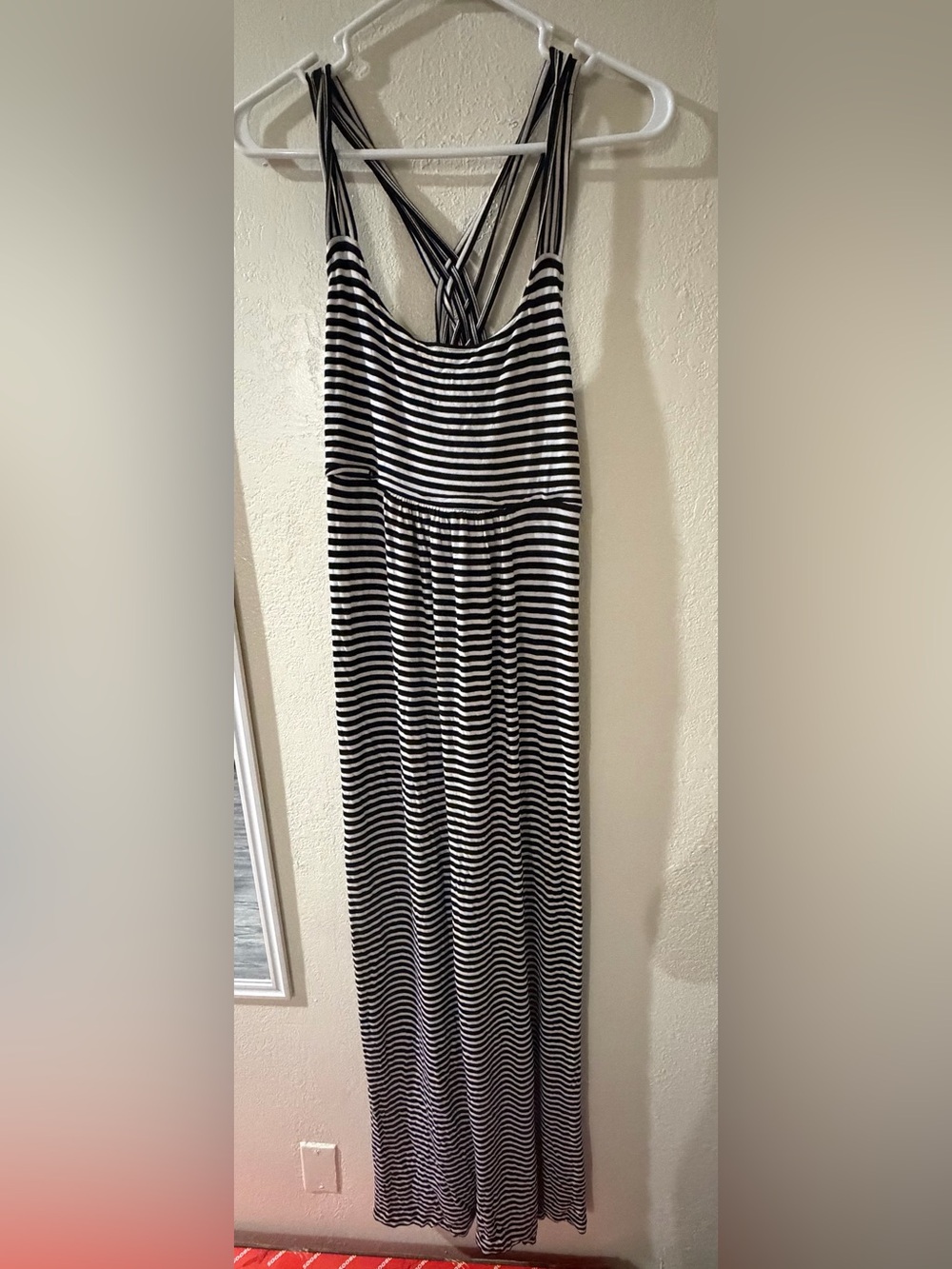 Calvin Klein Black and White Striped Crisscross-Back Maxi Dress
